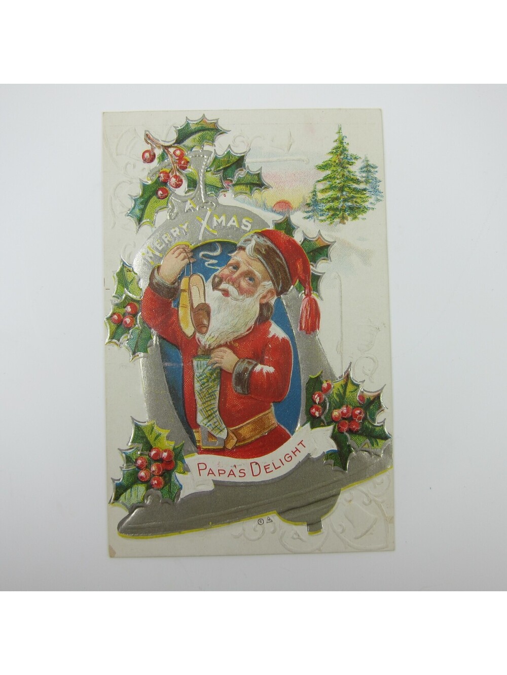 Vintage Christmas Postcard Santa Silver Bell Stocking Shoes Embossed Antique